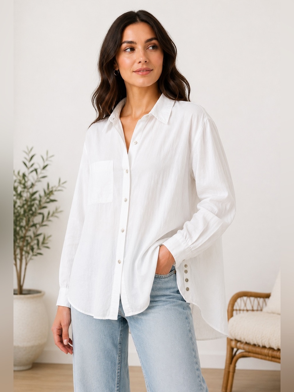 ba&sh White 100% Cotton Oversized Button Front Shirt Side Button Detail Size M